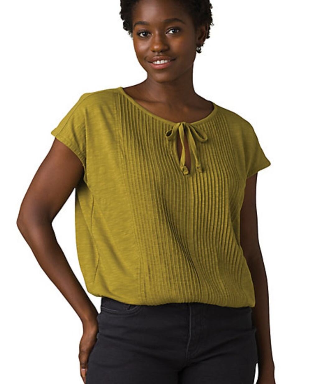 prAna Green Organic Cotton Tie Neck Blouse Top Cap Sleeve Women's Medium Boho